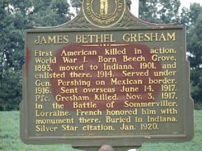 Historic Marker on Hwy 136/56 (near Beech Grove). James Bethel Gresham, first American killed in WWI.